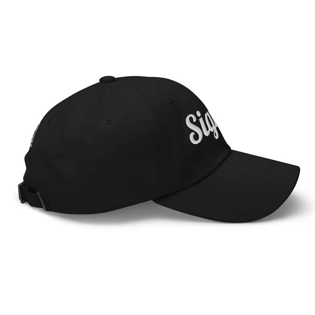 Black dad hat side view with embroidered Sigma lettering and curved brim