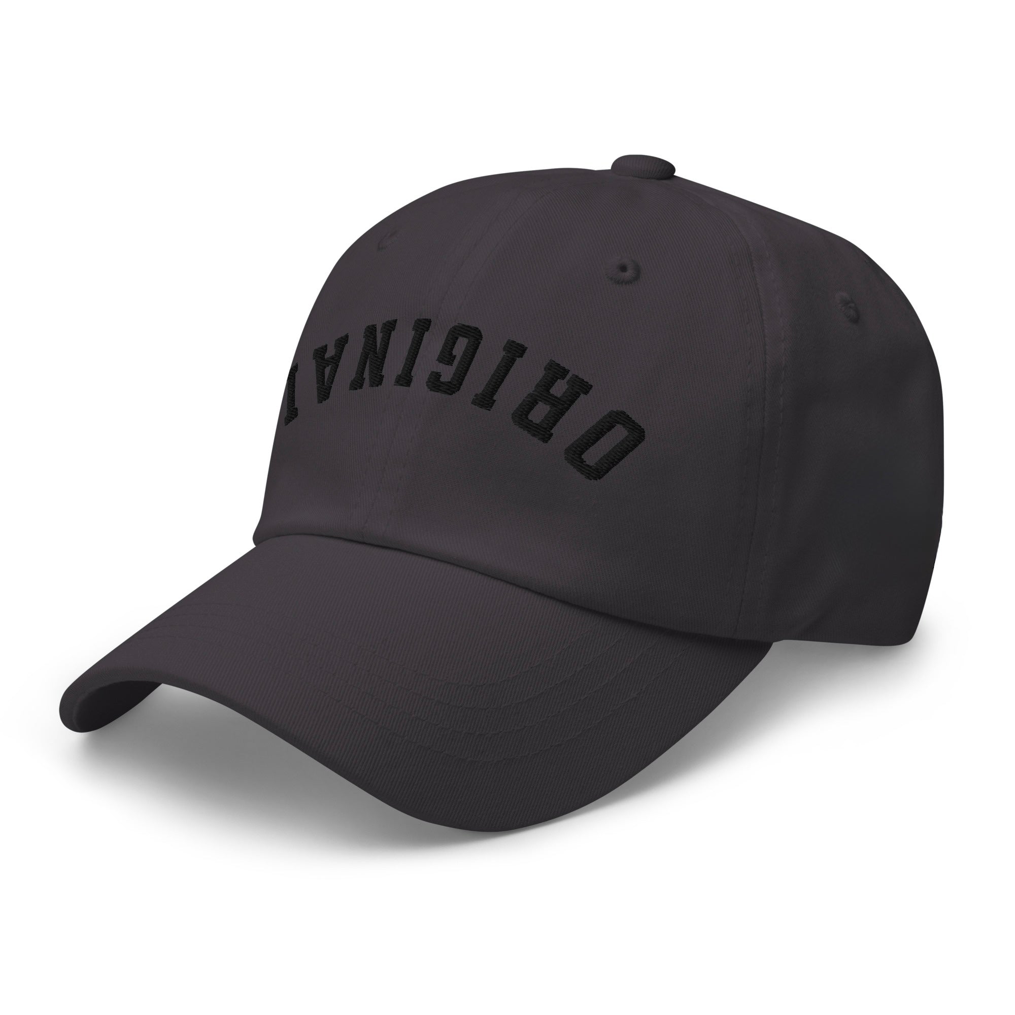 Dark grey dad hat with curved brim and bold front lettering logo