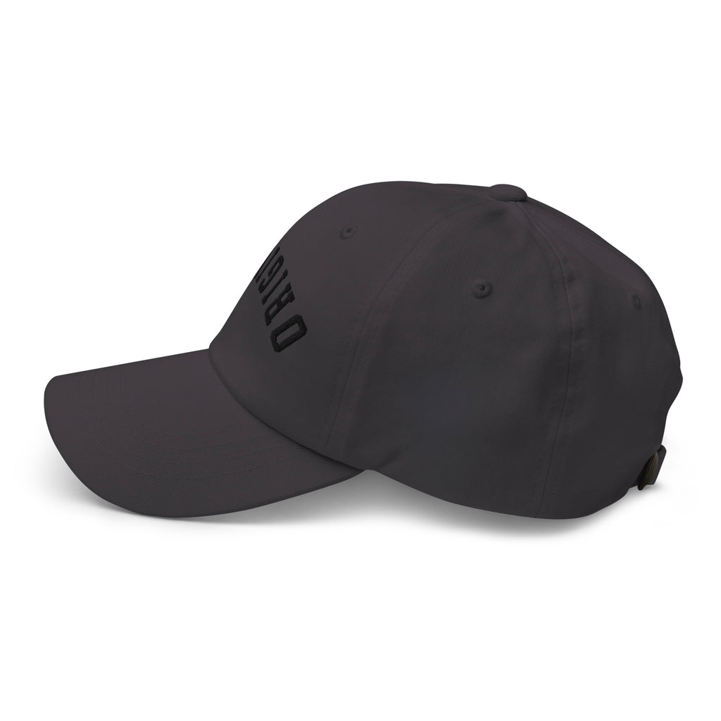 Dark grey dad hat with small black ORIGINAL logo on side and curved brim