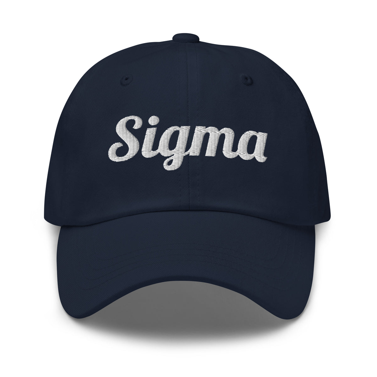 Navy dad hat with embroidered Sigma logo on front panel and curved brim