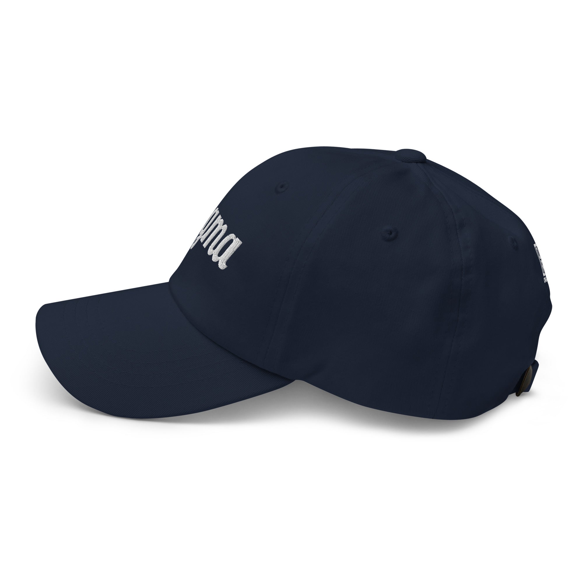 Navy dad hat angled side view with partial embroidered Sigma logo