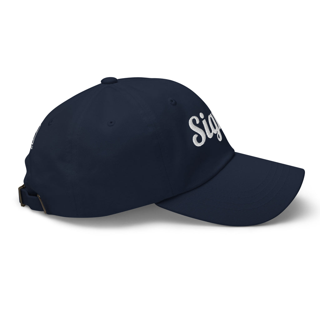 Navy dad hat side view with embroidered Sigma lettering and curved brim