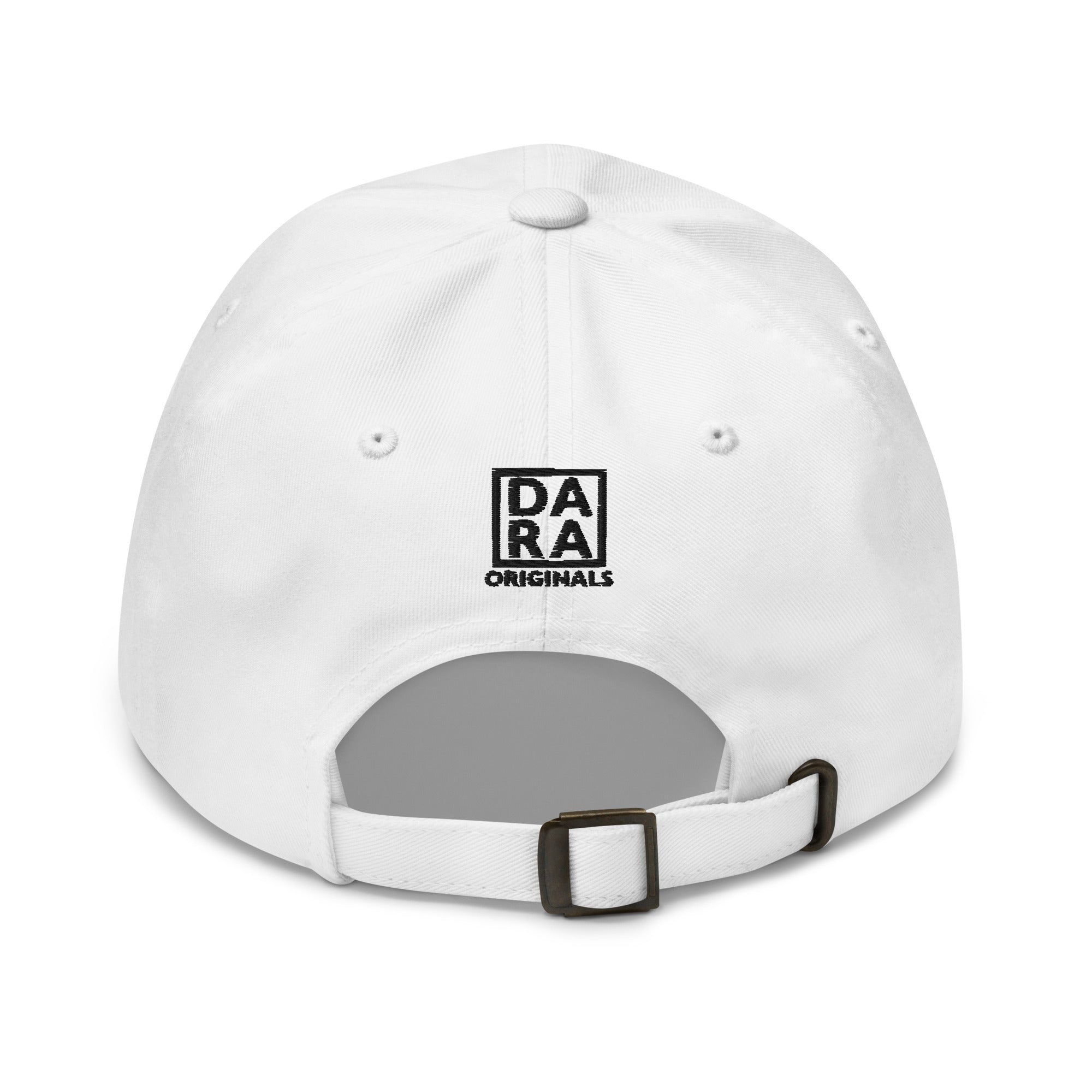 White dad hat with DA ORIGINALS patch and adjustable buckle strap