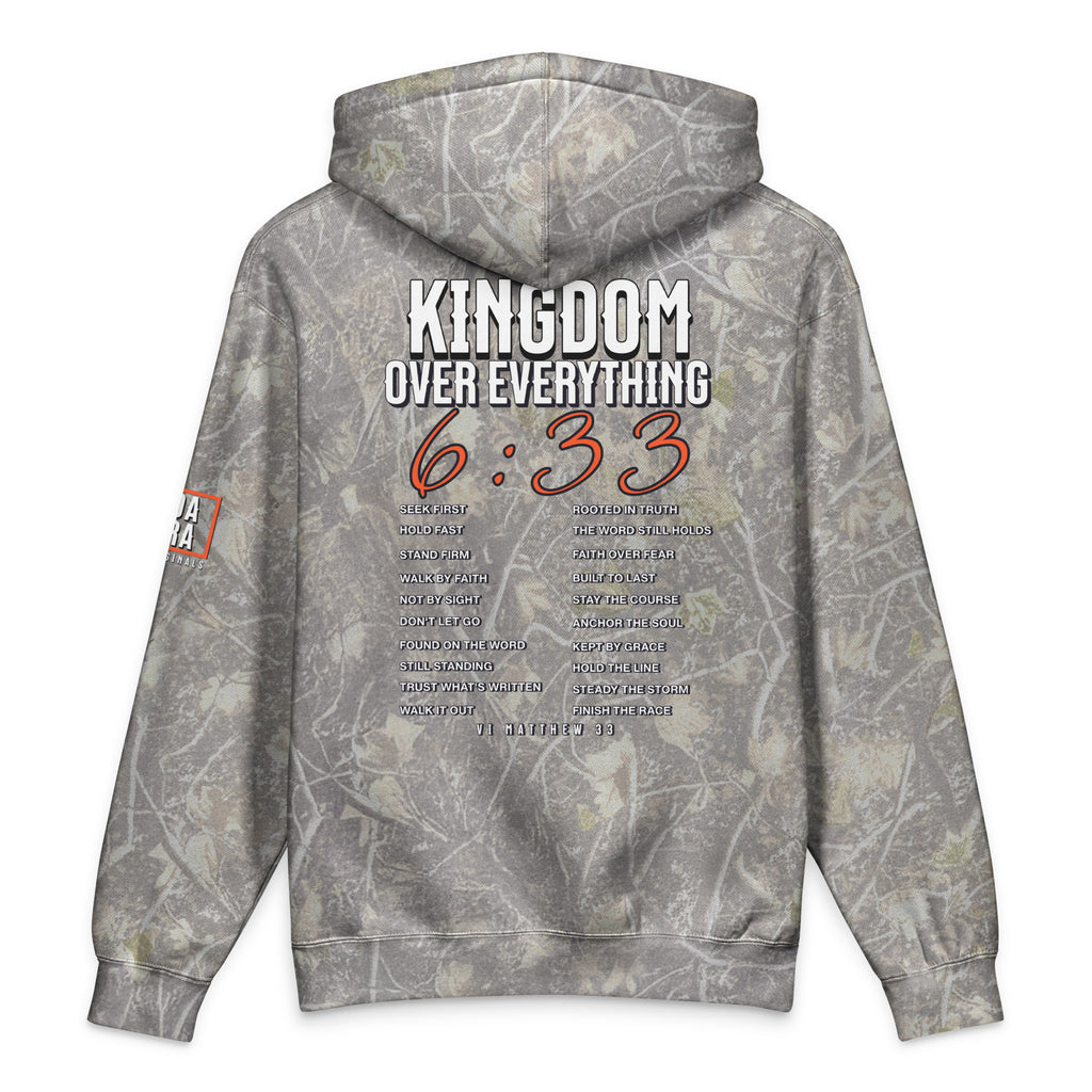 Tree camo hoodie, hooded back with “KINGDOM OVER EVERYTHING 6:3:3” graphic