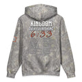 Tree camo hoodie, hooded back with “KINGDOM OVER EVERYTHING 6:3:3” graphic