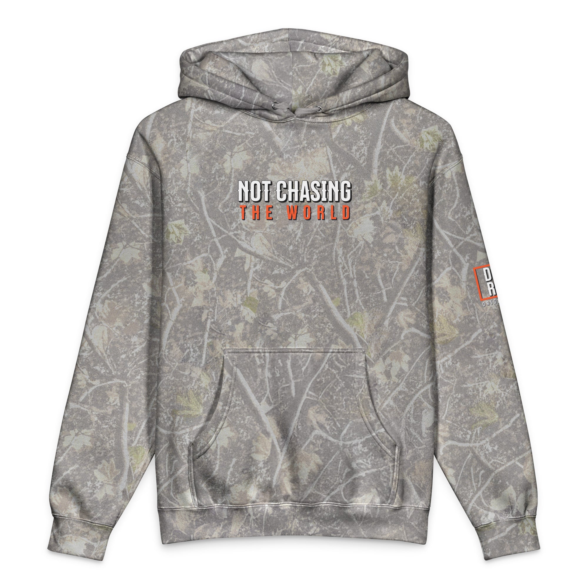 Tree camo hoodie with hood, front pocket, and “NOT CHASING THE WORLD” print