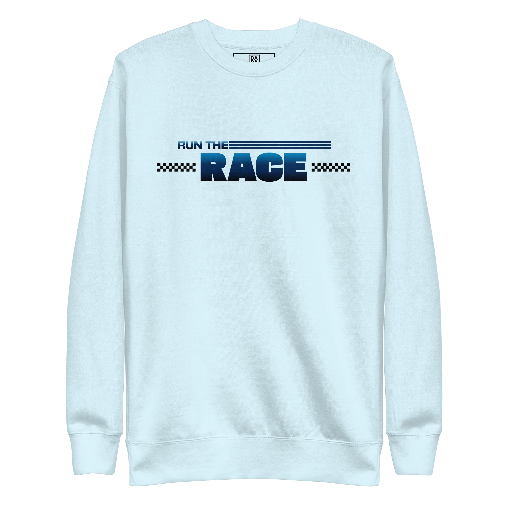 Sky blue crewneck sweatshirt with Run the Race front graphic in blue and black