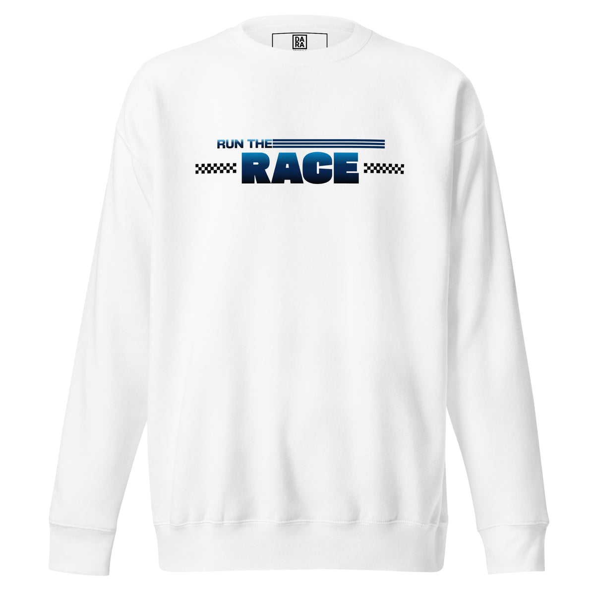 White crewneck sweatshirt with Run the Race front graphic in blue and black