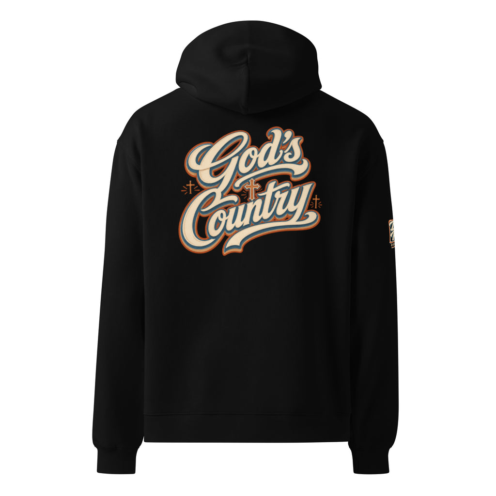 Black pullover hoodie with large 'God's Country' logo and kangaroo pocket