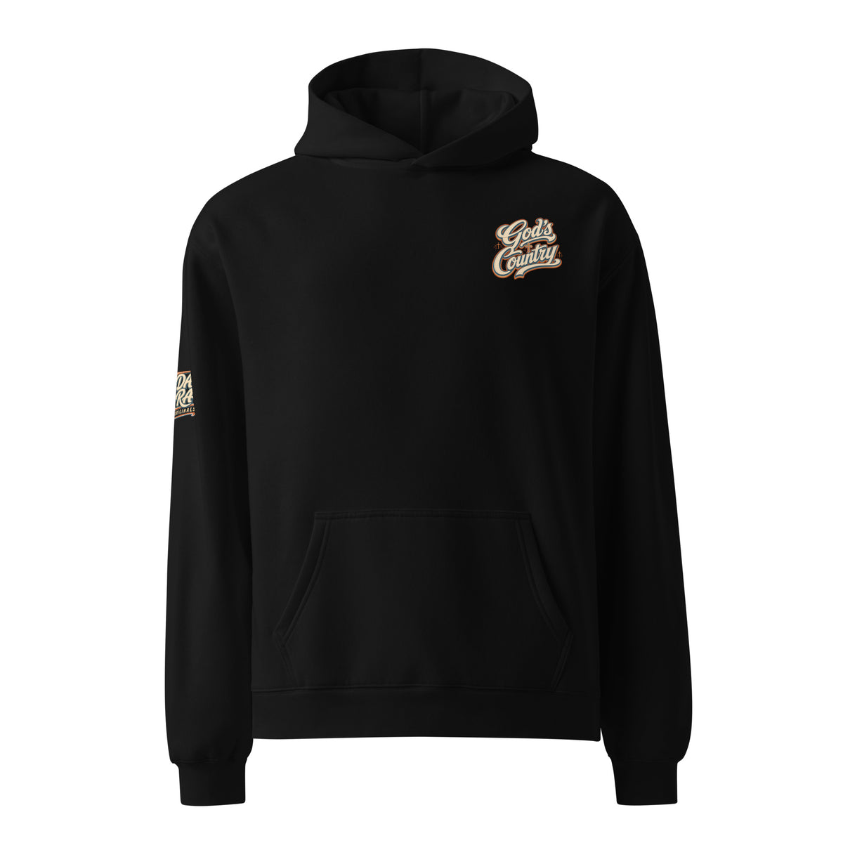 Black pullover hoodie with front kangaroo pocket and small chest logo