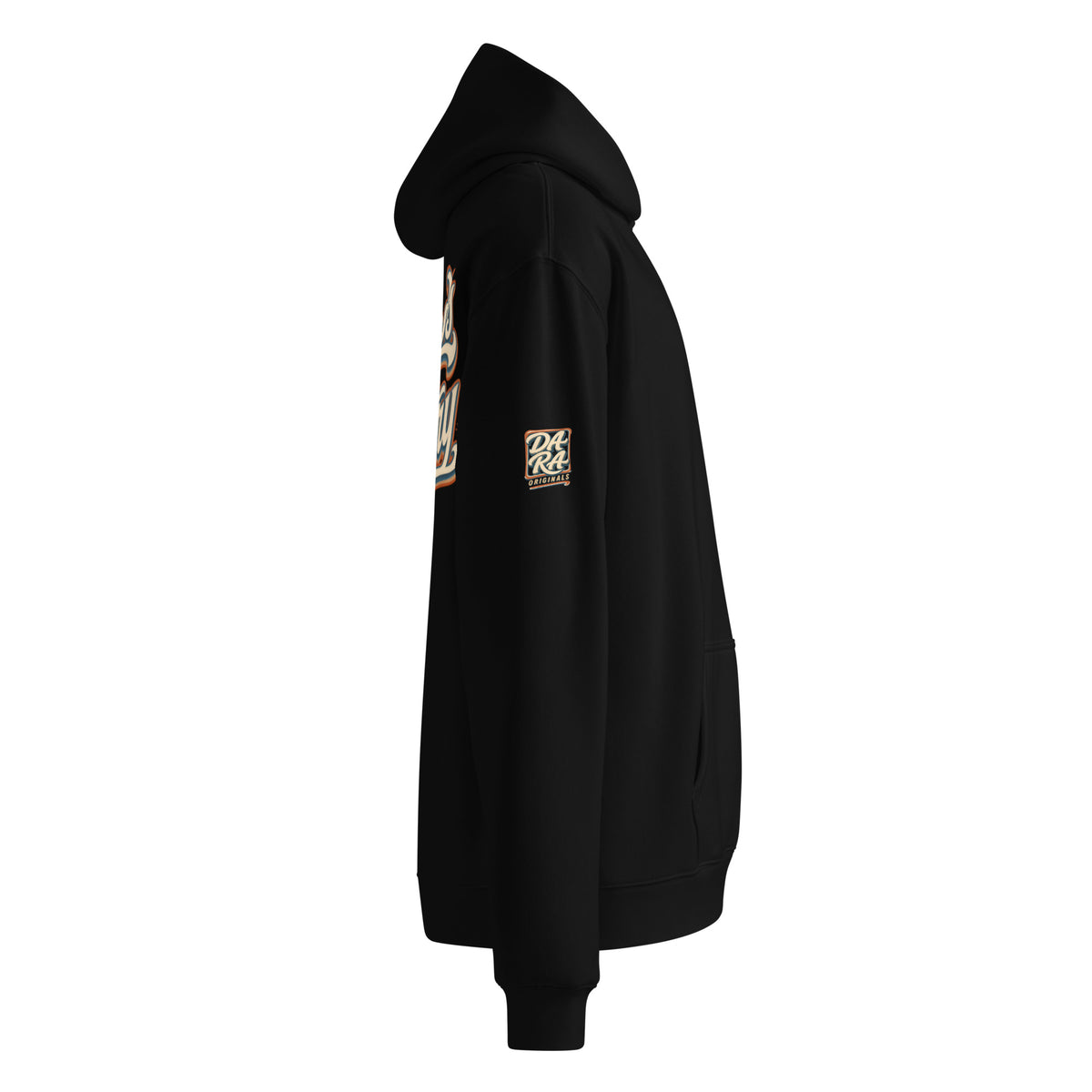 Black hoodie side view with sleeve logo patch and kangaroo pocket