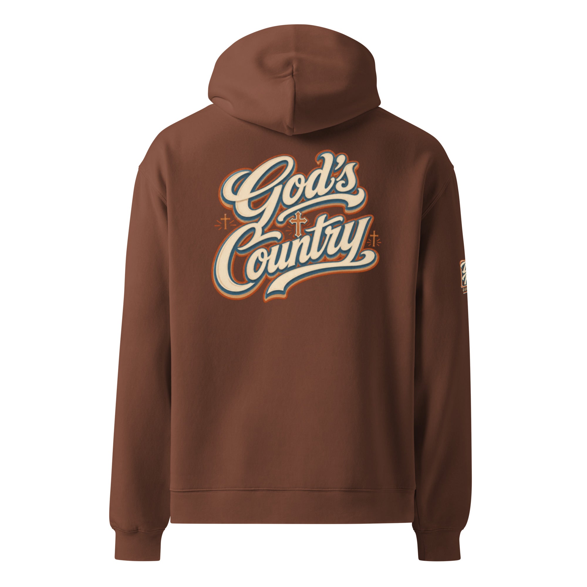Chestnut pullover hoodie with large 'God's Country' logo and kangaroo pocket