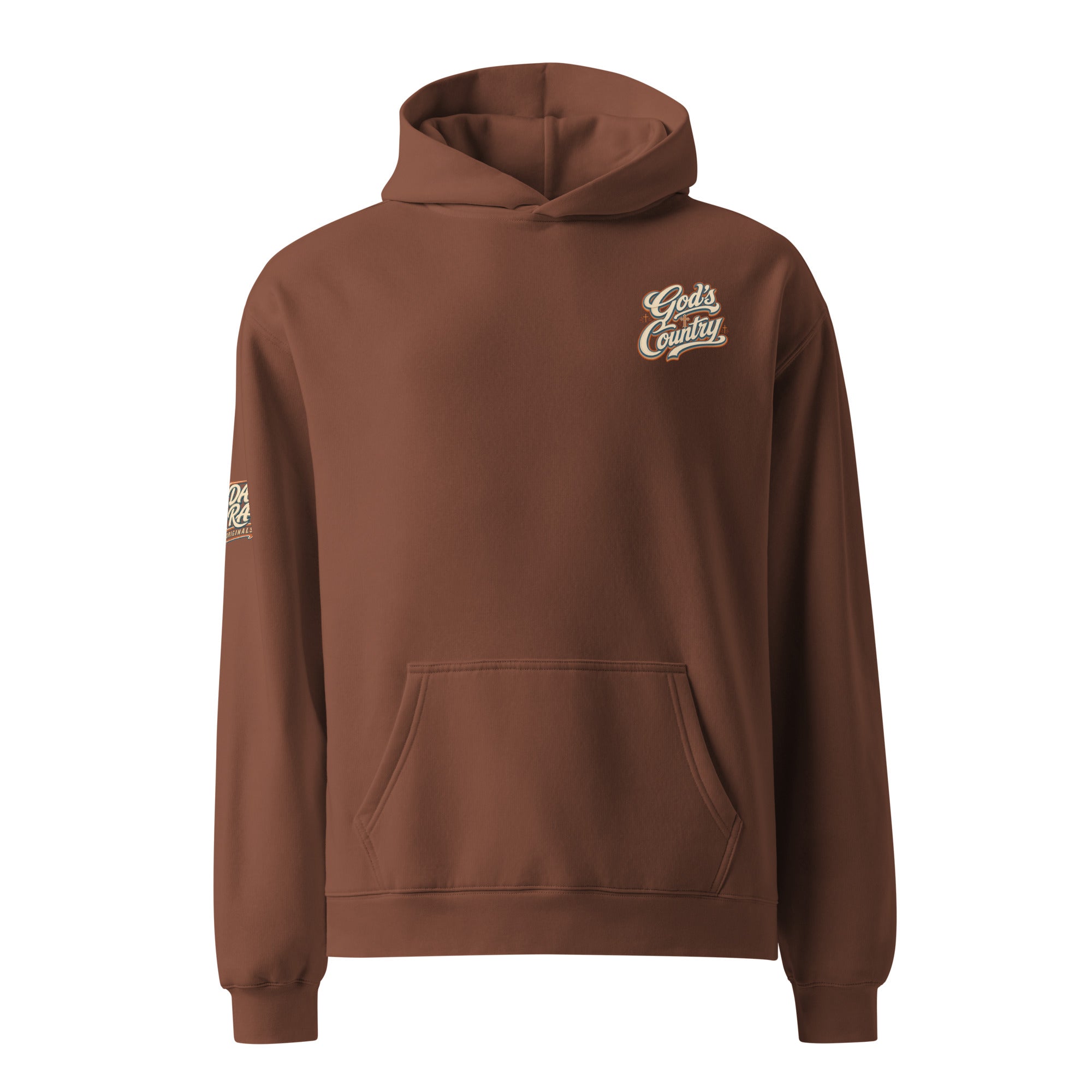 Chestnut pullover hoodie with front kangaroo pocket and small chest logo