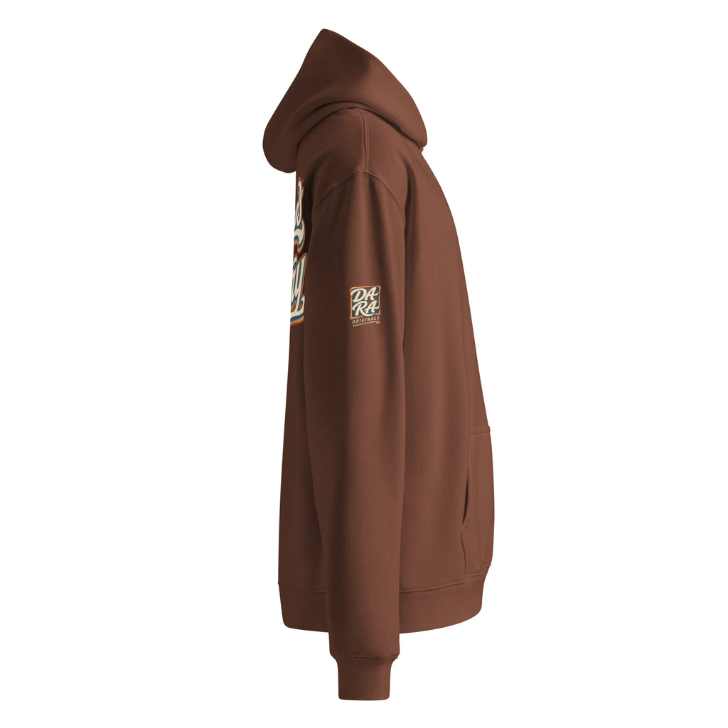 Chestnut hoodie side view with sleeve logo patch and kangaroo pocket