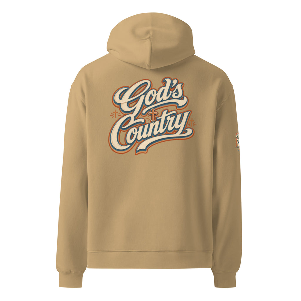 Sand pullover hoodie with large 'God's Country' logo and kangaroo pocket