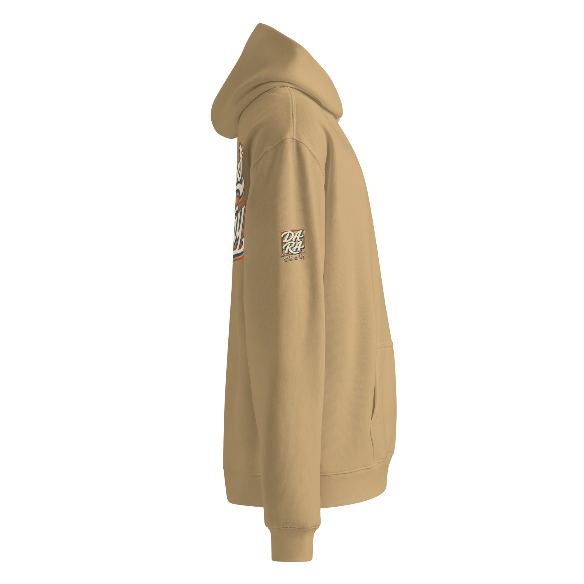 Sand hoodie side view with sleeve logo patch and kangaroo pocket