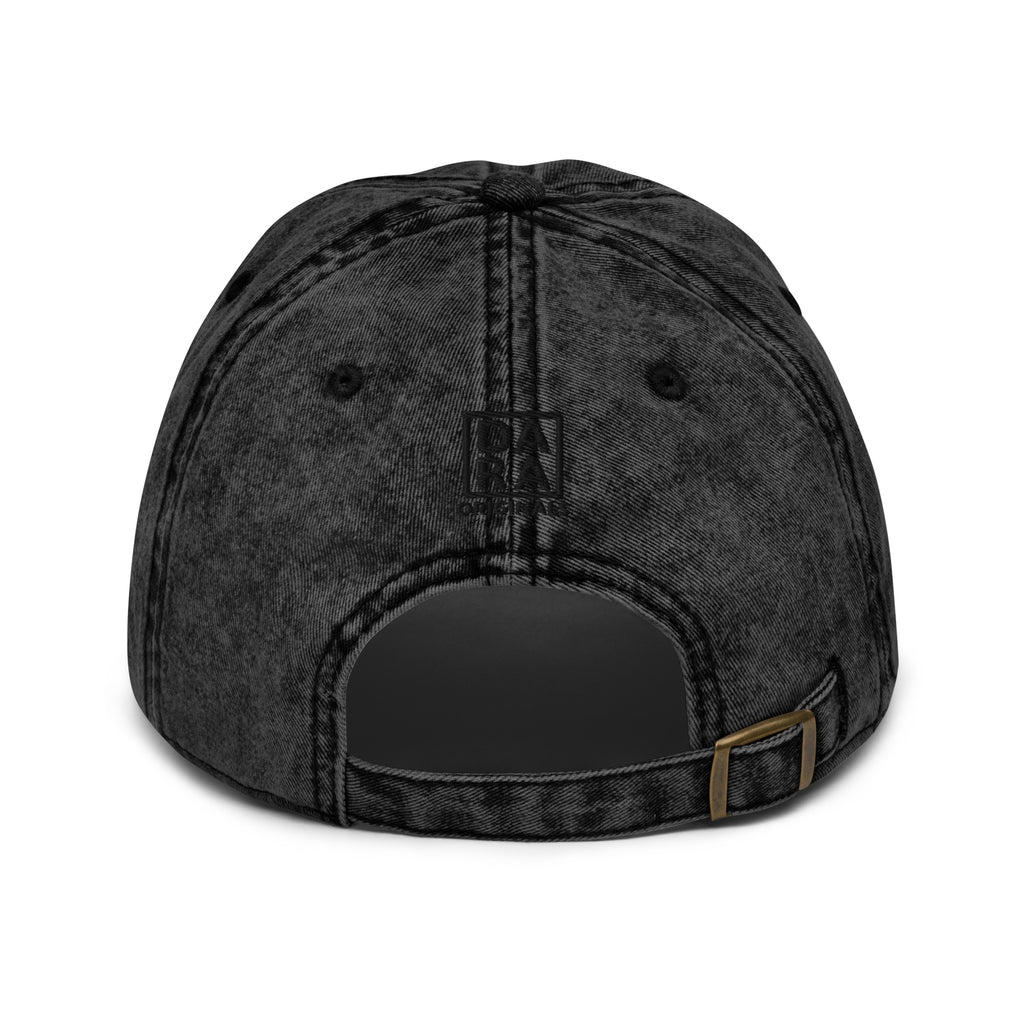Vintage baseball cap interior with strap adjuster, black washed fabric