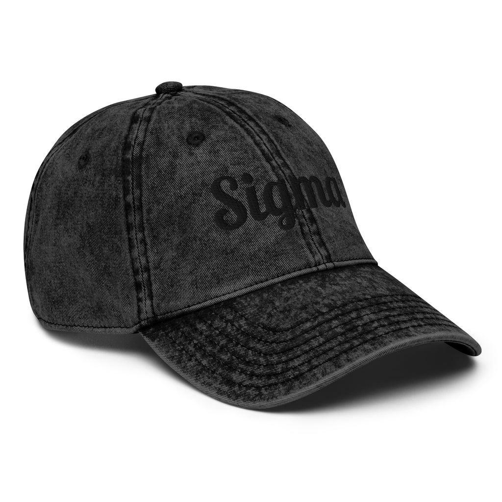 Vintage baseball cap with SIGMA™ logo, dark black washed fabric, front-left view