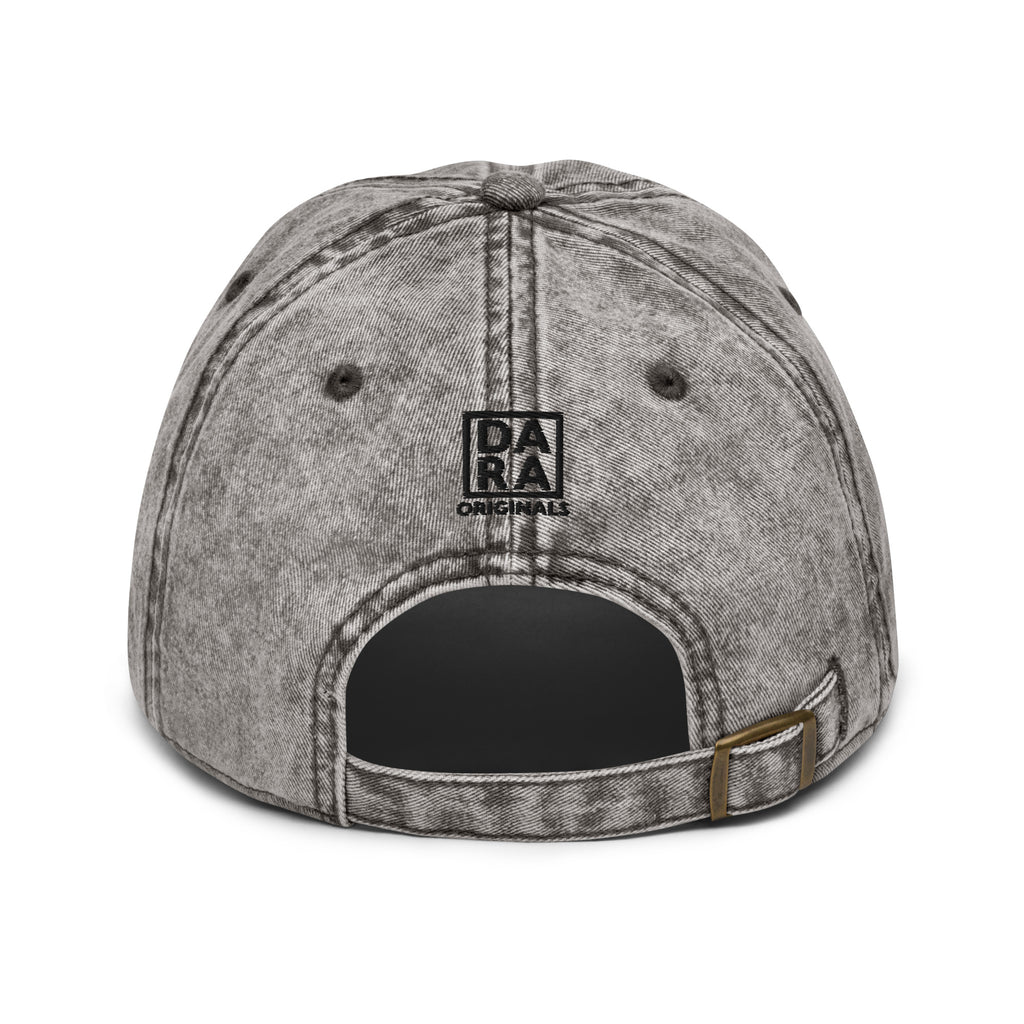 Charcoal gray vintage baseball cap with open back panel and RA Originals logo patch