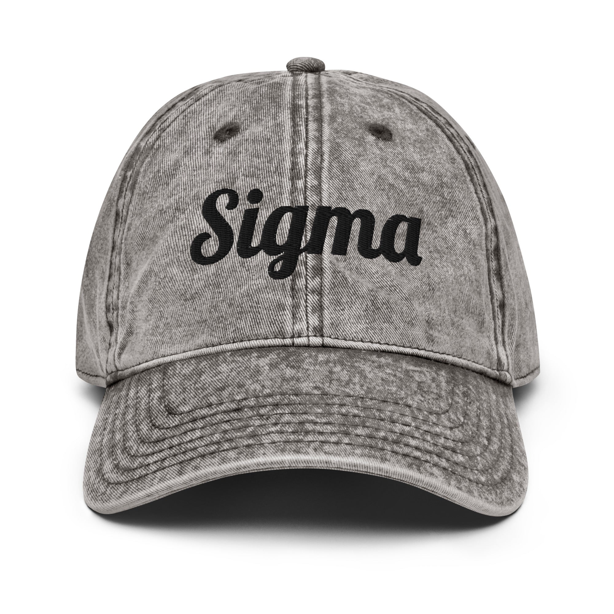 Charcoal gray vintage baseball cap with curved brim and large front 'Sigma' script logo