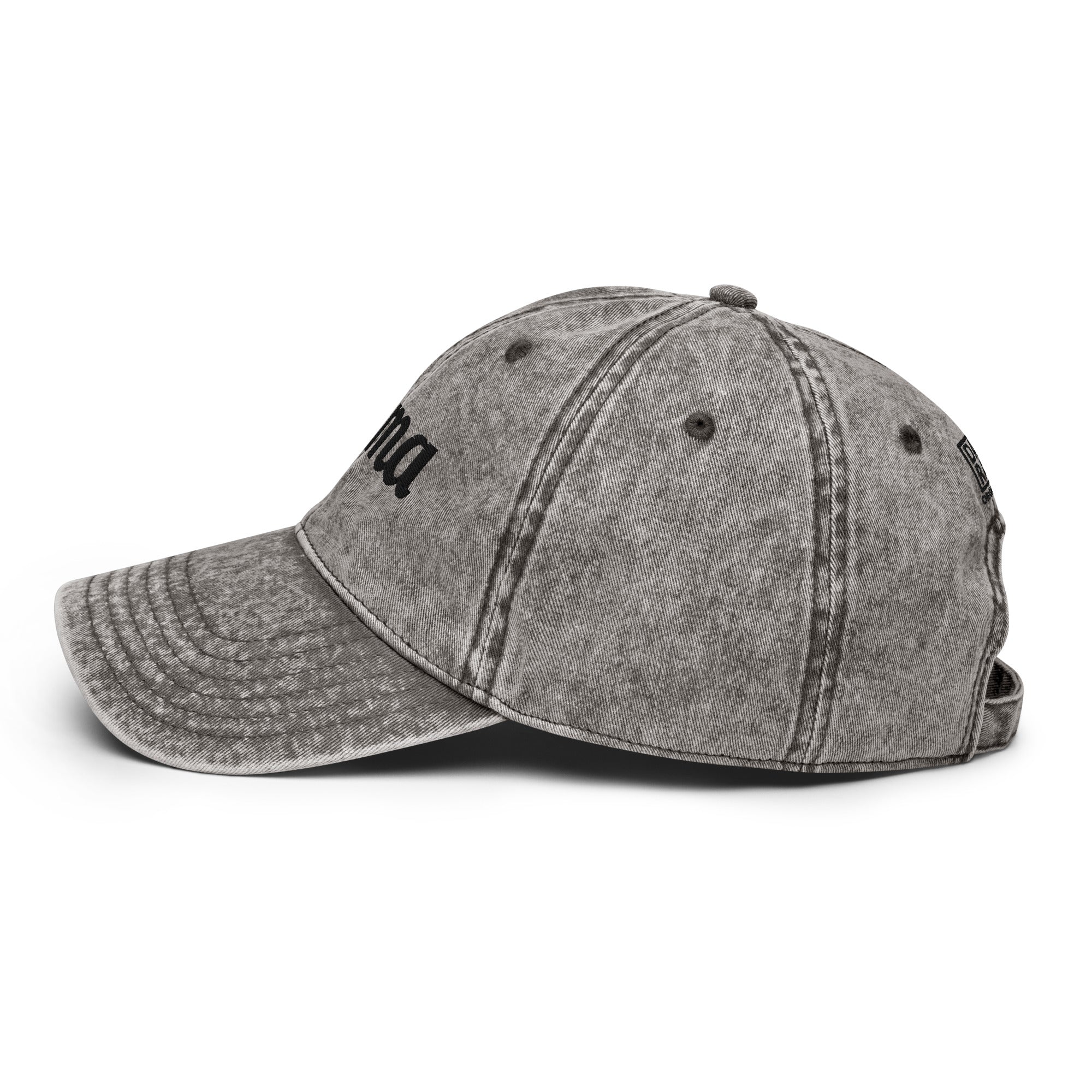 Charcoal gray vintage baseball cap, side view, with stitched Sigma logo and curved brim