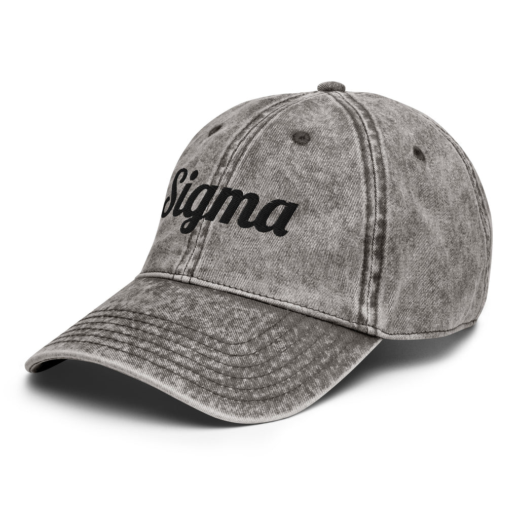 Charcoal gray vintage baseball cap with curved brim, worn texture, and large Sigma logo