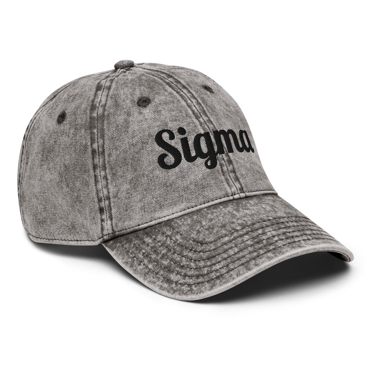 Charcoal gray vintage baseball cap with curved brim and large centered Sigma script on front