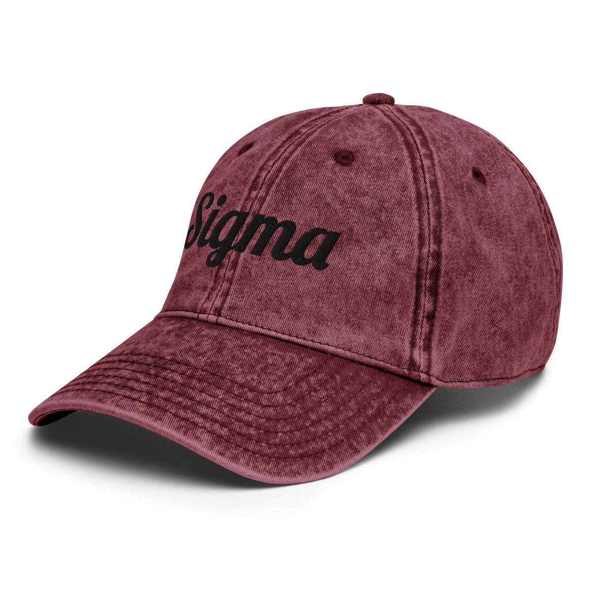 Vintage baseball cap with SIGMA™ logo, maroon washed fabric, front-left view