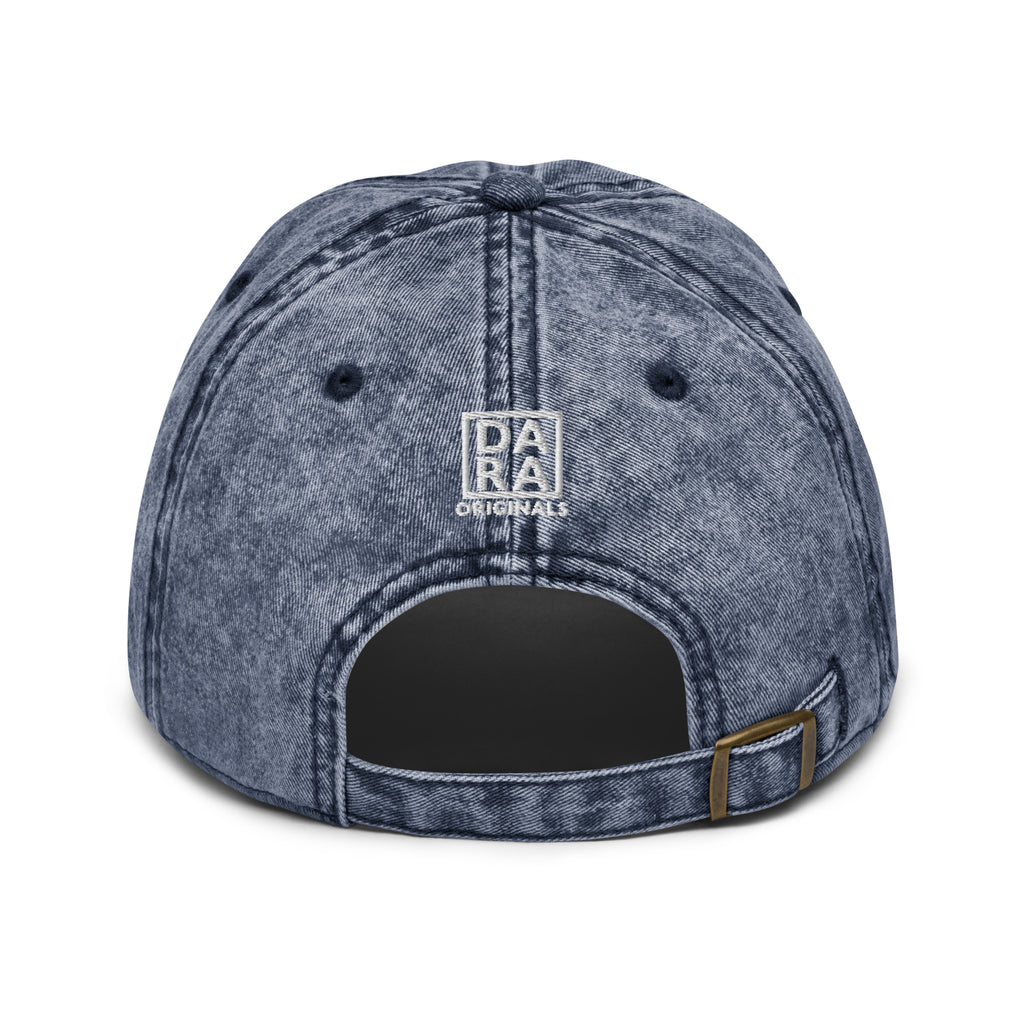 Vintage baseball cap in dark blue denim look with embroidered Originals logo and adjustable strap.