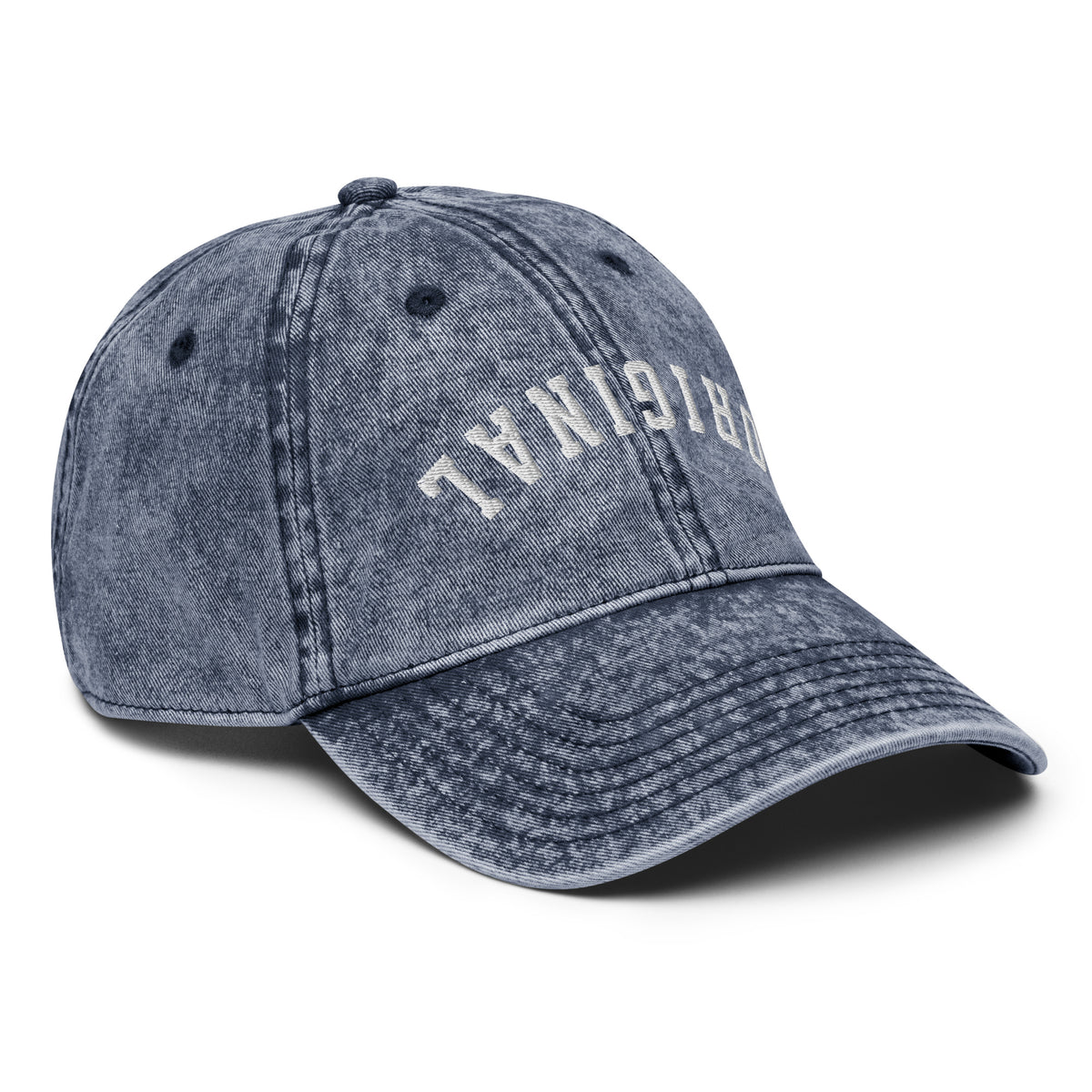 Vintage baseball cap in dark blue denim look with large front logo text on the crown.