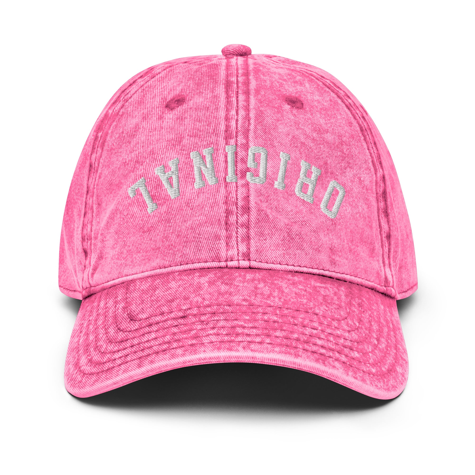 Pink vintage baseball cap with distressed back lettering and curved brim.