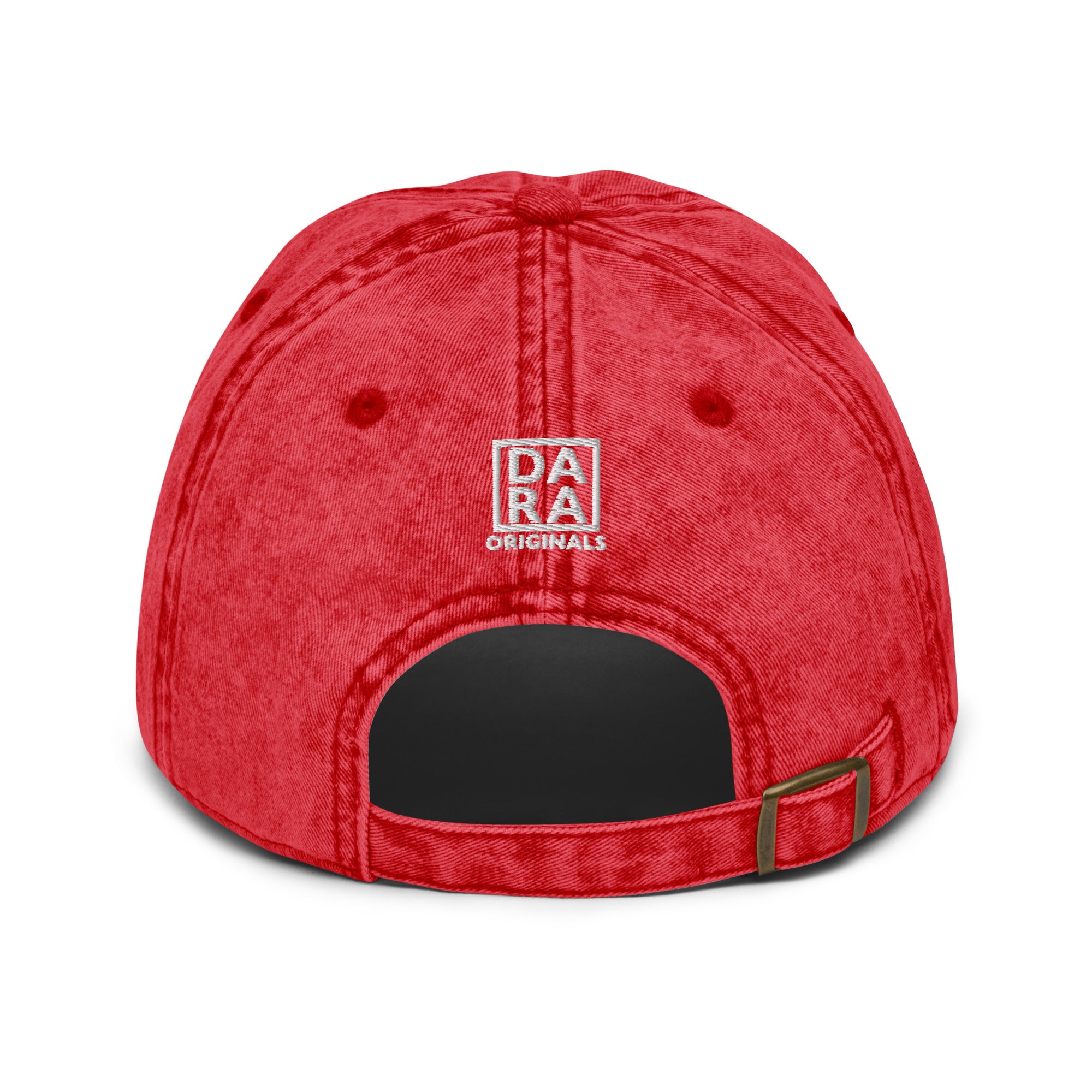Red vintage baseball cap with “ORIGINALS” logo patch and adjustable back strap.