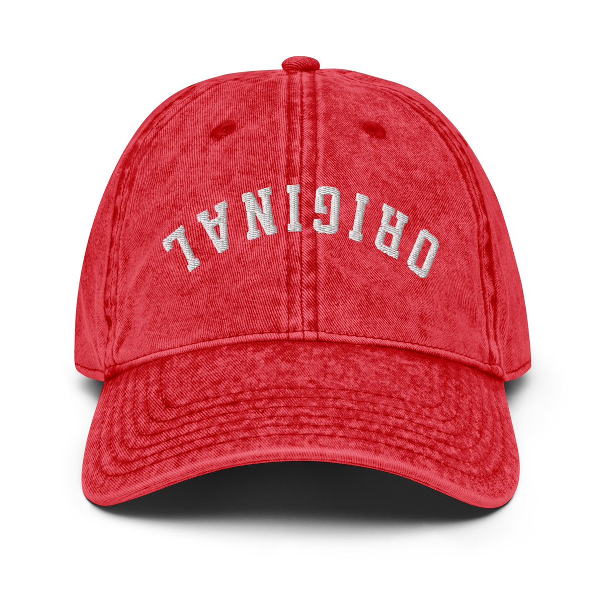 Vintage baseball cap in red with front logo text on the crown and curved brim.