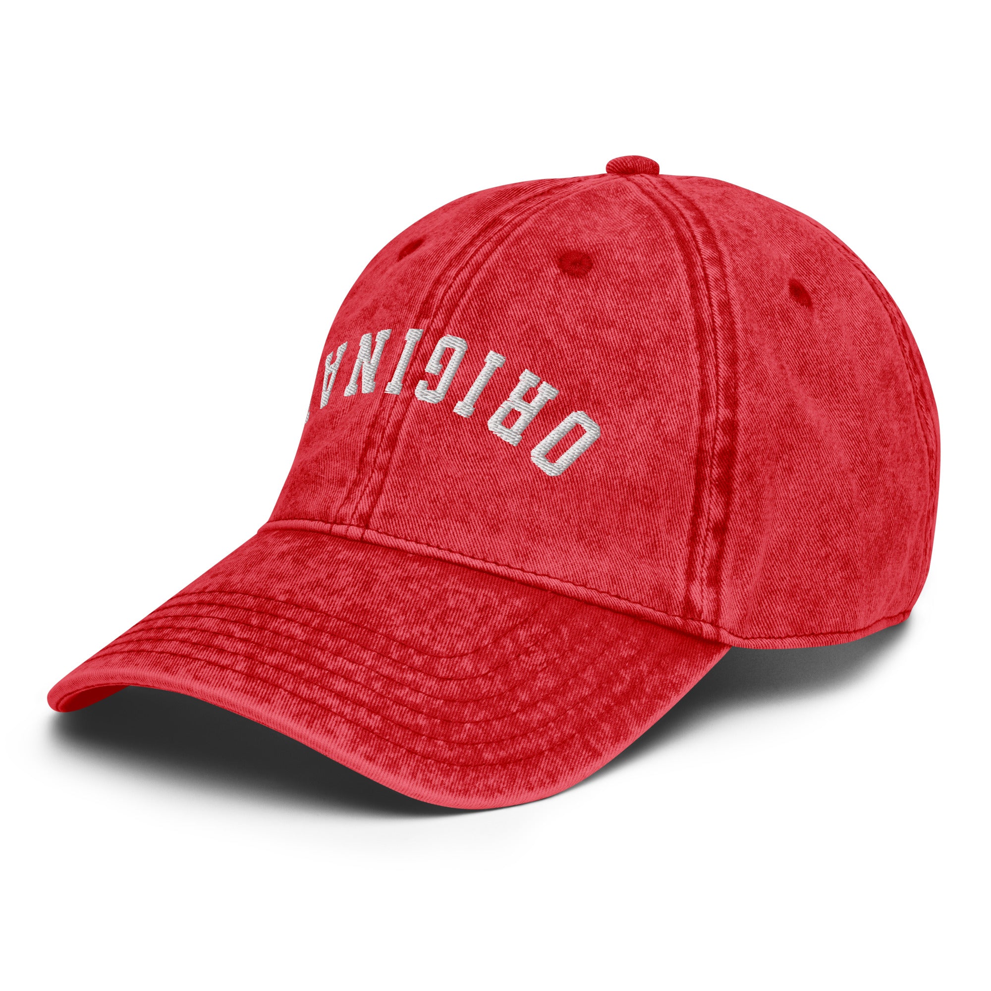 Vintage baseball cap in red with front logo text and curved brim, stitched crown panels.