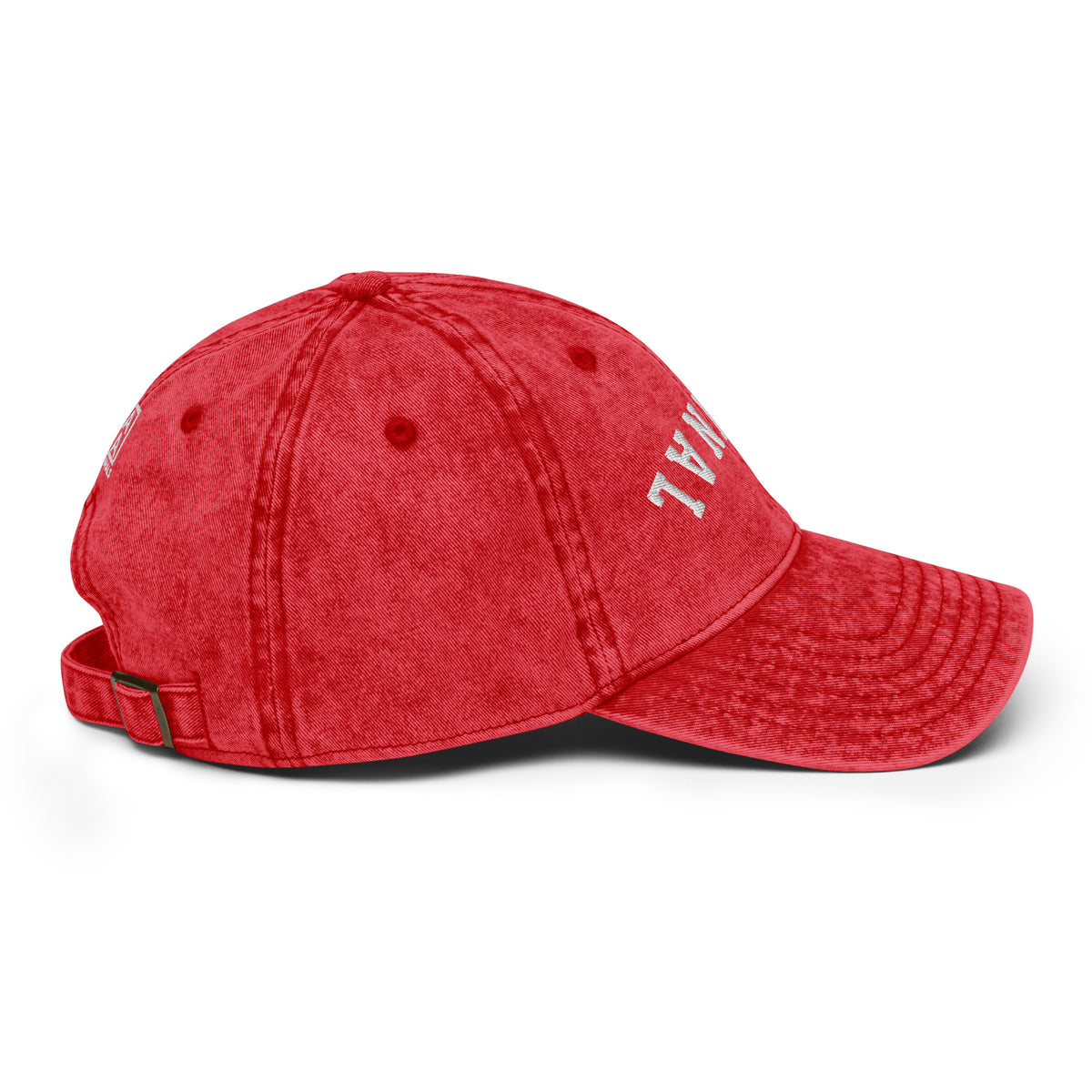 Red vintage baseball cap with curved brim, distressed side lettering, and adjustable strap.